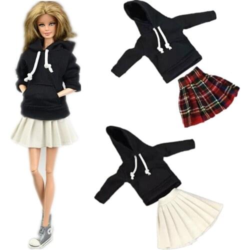 11.5" Doll Clothes Winter Long Sleeve Black Top Hoodies Skirt Suit Clothes for Barbie Outfits 1/6 BJD Dolls Accessories Kid Toy