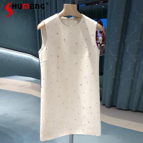 Solid Color Beading Diamond Slimming Dress for Ladies 2021 Summer New Fashion Round Neck Sleeveless Dress Womens