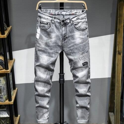 Autumn Mens Fashion Jeans Fashion Gray Slim-fit Tapered Denim Trousers Letter Embroidery Print Trend Youth Hip-hop Streetwear