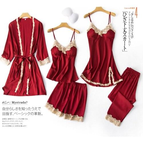 Women Sleepwear High Quality Sexy New Long Sleeve Nightdress Ice silk Home Wear Five-piece Sets With Chest Pad Suspender Pajamas