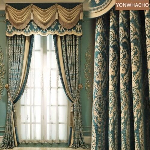 Custom curtains Luxury villa living room American chenille jacquard green thick cloth blackout curtain valance tulle panel C1250
