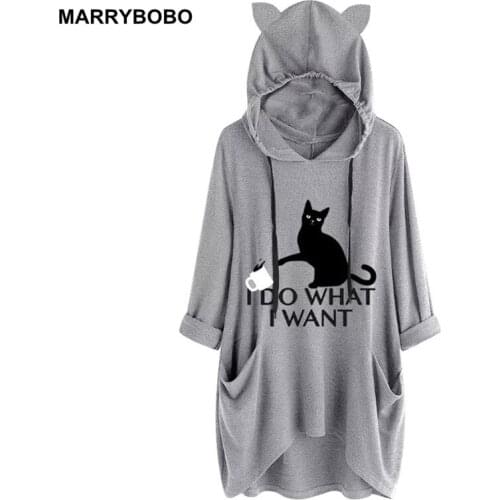 Casual Print Cat Ear Hoodies Sweatshirt 2020 Casual Long Sleeve Roll Up Sleeve Hoodies Female Pockets Long Tops