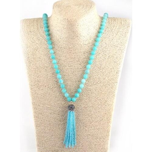 Free Shipping Fashion Artisan Halsband Natural Blue Stone Knotted Crystal Tassel Pendant Necklaces