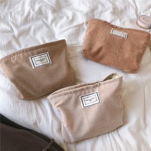 Ladies Simple Style Makeup Bag Clutch Letter Label Portable Travel Vacation Cosmetics Washing Storage Zipper Corduroy Handbag