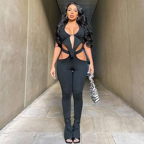 Sexy Fitness 2 Piece Matching Suits Womens Costumes Halter Backless Irregular Top and Side Cut Out Bell Bottom Pant Outfits