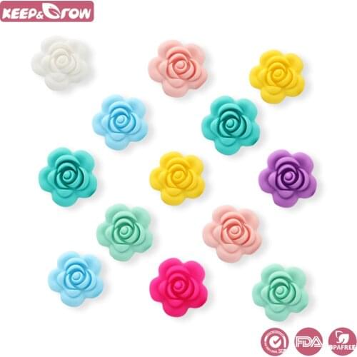 Keep&Grow 50Pcs Silicone Rose Beads BPA Free Flower Shaped Baby Teethers Chewable Baby Teething Toys DIY Pacifier Chain Pendant
