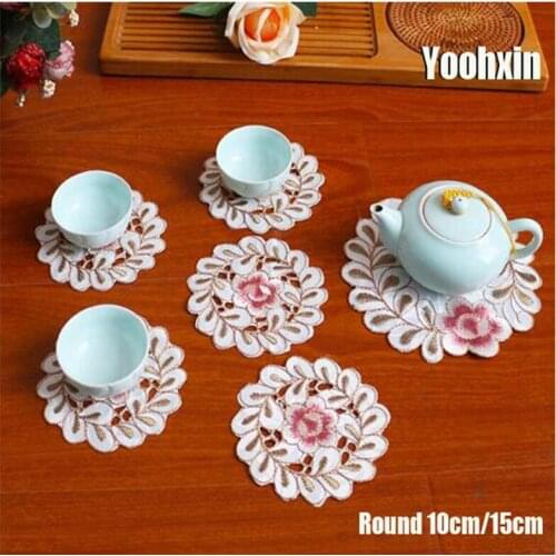 2019Modern lace satin placemat cup coaster mug kitchen wedding table place mat cloth embroidery dining tea glass doily drink pad