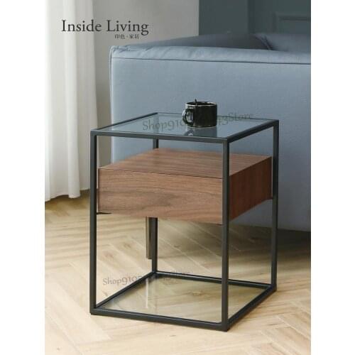Modern Minimalist Sofa Side Table Storage Light Luxury Side Cabinet Small Square Table Living Room Bedroom Glass Side Table
