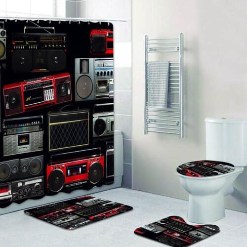 Vintage Boombox Shower Curtains Bathroom Curtain Retro Radio Boombox Amplifier Bath Curtains Mats Rugs Set Boom Music Home Decor