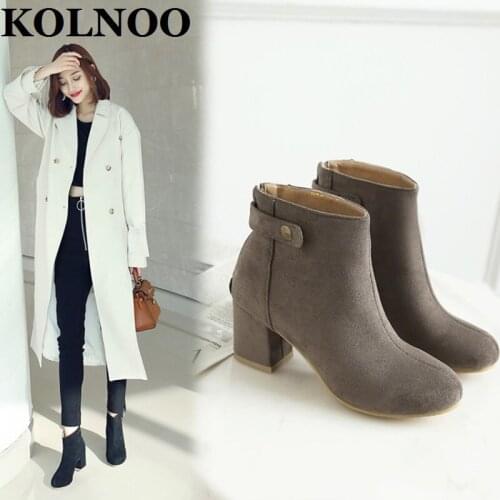 Kolnoo New Large Size 34-50 Womens Chunky Heel Martin Boots Handmade Faux Kid-Suede Ankle Boots 4-Colors Fashion Winter Shoes