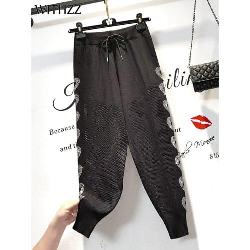 WITHZZ Women Spring Autumn High Waist Hollow Out Hotfix Rhinestone Trousers Loose Female Sports Casual Knitted Harem Pants