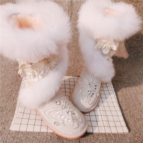 Womens Big Real Fox Fur Knee Thigh Snow Boots Rhinestones Crystal Butterfly Flower Shoes Warm Winter Thick Sweet Lolita New