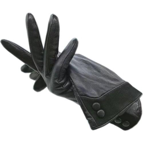 Gloves winter ladies wrist fashion sheepskin gloves new genuine leather black gloves leather warm driving fleece lining 2021-000