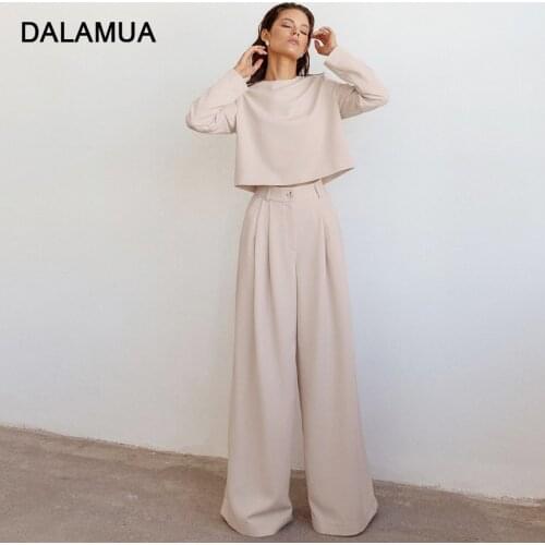 Women Tracksuit Long Sleeves T-Shirt WIde Leg Pants Two Piece Sets Solid Color Office Lady Loose Elegant 2021 Spring Female Suit