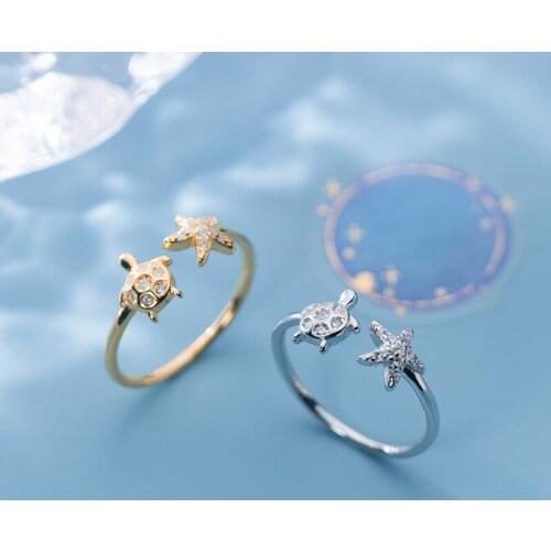 VENTFILLE 925 Sterling Silver Korean Version of The Cute Turtle Starfish Womensmall Fresh and Simple Zircon Ring