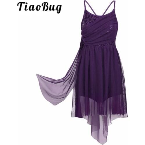 TiaoBug Women Spaghetti Straps Asymmetrical Mesh Ballet Tutu Leotard Dress Ballerina Stage Shiny Sequin Bodysuit Adult Dancewear