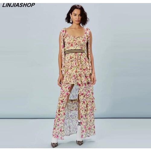 Elegant Boho Print Spaghetti Strap Yellow Long Dress Women Floral Sashes High Waist A Line Spring Summer Holiday Beach Dress