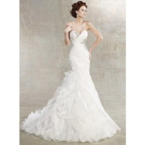 Free shipping 2020 real white mermaid tails New Sweetheart Mermaid Organza Ruffles Crystal Bead Bridal gown bridesmaid dresses