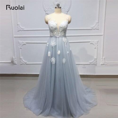 Elegant Evening Dresses 2019 A-Line Applique Beaded Lace Evening Gown Formal Dress Women Transparent Back Prom Dress Long SN24
