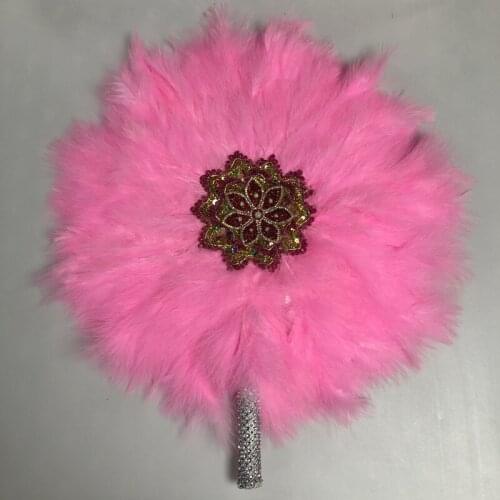 2pcs African Pink Turkey Feather Hand Fan Handmade Fans for Wedding Decoration Hand Fan with Stone Double-sided Feather Fan-30