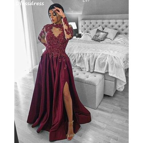 Burgundy Evening Dress Satin A-line Long Sleeves Applique Sequin Luxury Split Floor Length High Neck Prom Gown فساتين السهرة