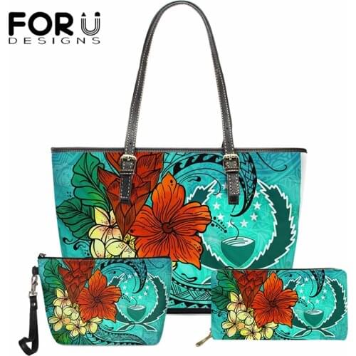 FORUDESIGNS Brand Designer 3 in 1 Women Handbag And Purse Set Pohnpei Polynesian Plumeria Print PU Leather Ladies Shoulder Bags