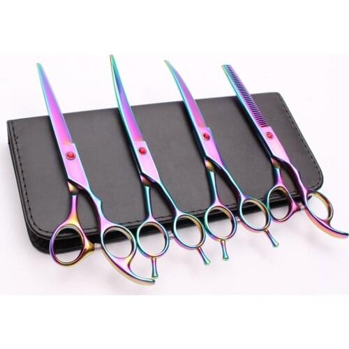 C3002 4Pcs 7" 19.5cm Customize LogoJP Stainless Cutting+Thinning Scissors+Up&Down Curved Shears Professional Pets Hair Scissors