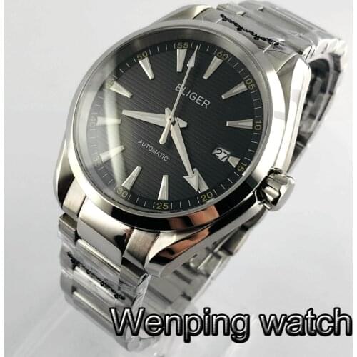 Bliger 40mm Mens Top Casual Mechanical Watch Silver Case Sapphire Crystal Black Dial Date NH35 Movement Automatic Watch