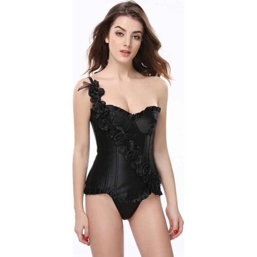 Black Luxury Floral Corset Corselet Chest Binder Korsett For Women Boned Lace Up One Shoulder Wedding Corsets Gothic Bustier Top