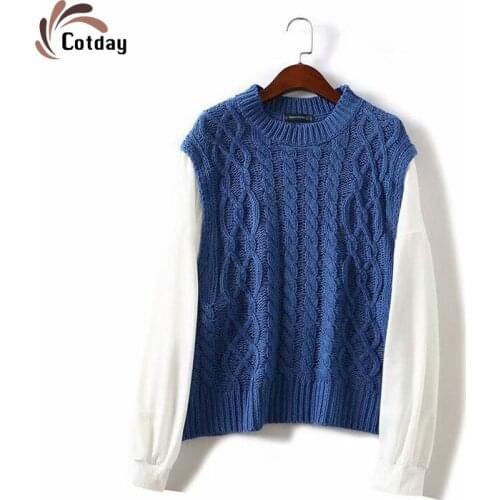 Cotday Blue O Neck Hemp Flowers Loose For Women Korean Autumn Knitted Winter 2021 Tops Hot Sale Long Sleeve Pullover Sweater