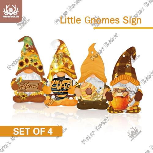 Putuo Decor 4PCS Welcome Signs Gnome Wood sign Honey Wooden Hanging Plaque Sunflower Wood Plate Garden Home Room Wall Decor Gift