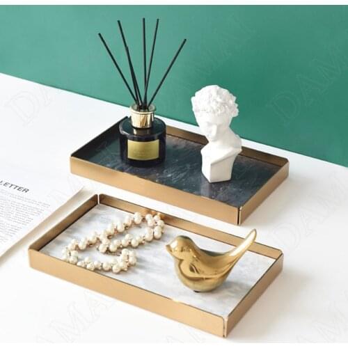 European Metal Frame Storage Trays Marble Texture Decorative Cosmetic Container Dressing Table Desktop Decorative Ornaments