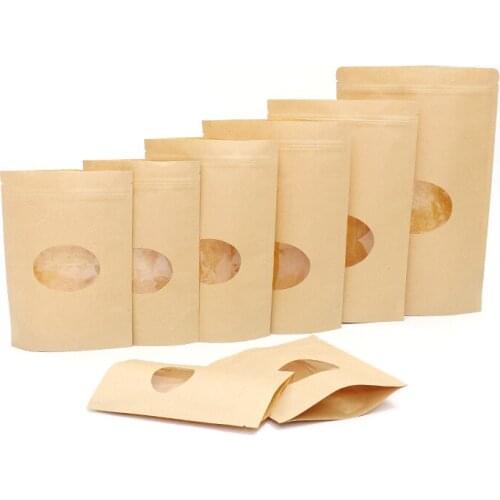 Hot 100pcs/lot Brown Kraft Paper Gift Bags Oval Standup Packaging Bags For Foods Candy Coffee Jewelry Ziplock Bags Free Shipping
