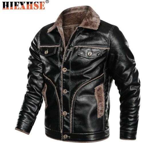 HIEXHSE Men Leather Jacket Winter Faux Leather Coat Parka Motorcycle Bike Bomber Jackets Men Fur Lining Coats Mens Cloting 8XL