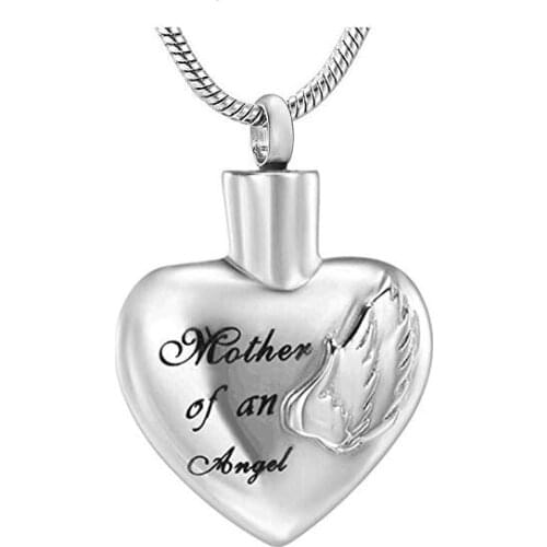 IJD9917 Carved "Mother Of A Angel " Memorial Jewelry - Feather Heart Stainless Steel Keepsake Urn Necklace For Cremation Ashes