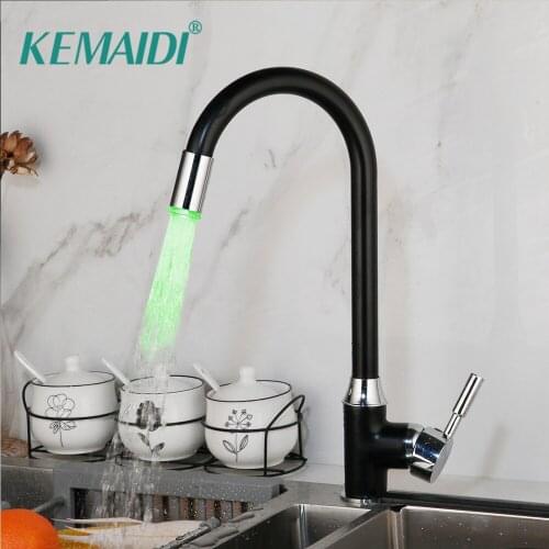 KEMAIDI Black Kitchen Water Mixer Taps Basin Sink Tap Faucet 360 Swivel Brass LED Kitchen Faucets Hot & Cold Water Swivel