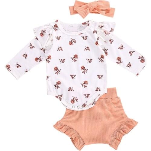3PCS Infant Baby Girls Autumn Clothes Sets Flowers Print Long Sleeve Romper Tops Knit Shorts Headband Cotton Outfit
