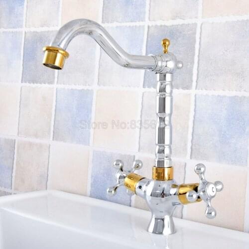 Chrome & Gold Color Brass Kitchen Bathroom Sink Faucet 360 Degree Swivel Spout Double Cross Handle Basin Mixer Tap tsf812