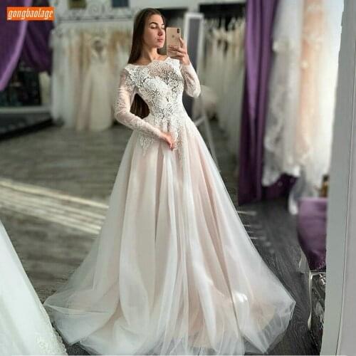 Fashion Boho Wedding Gown Long Sleeve Lace Appliqued Zipper Tulle A Line Wedding Dresses 2020 Slim fit Custom Made Bride Dresses