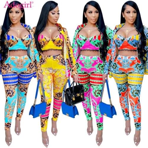 Adogirl Fashion Print Fashion Casual 3 Piece Set Lace Patchwork Bra Top Long Sleeve Shirt Pencil Pants Autumn Winter Suit Outfit