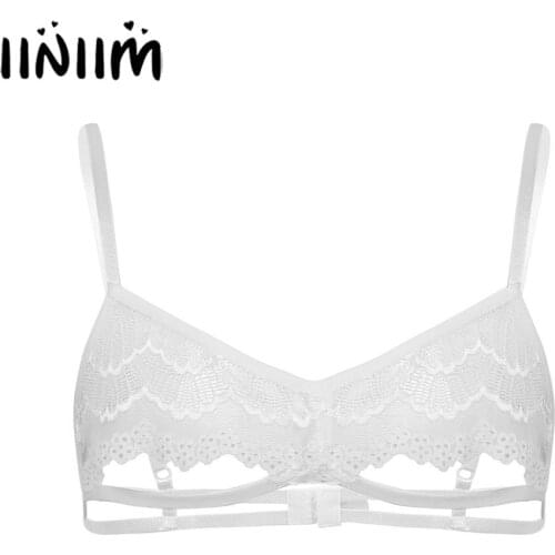 Mens See Through Sheer Lace Lingerie Sissy Bras Top Open Nipples Gay Exotic Underwear Hollow Out Wire-free Unlined Sissy Bras