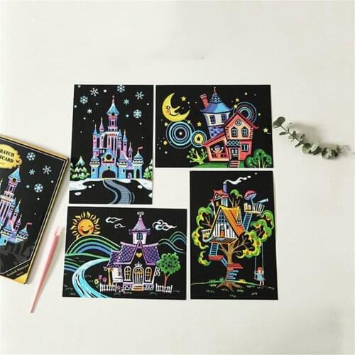 4pc Magic Paper Scratch Art Paint For Children Paint Postcard Set Art Doodle Pad Sand Painting Cards Early Educational Learning