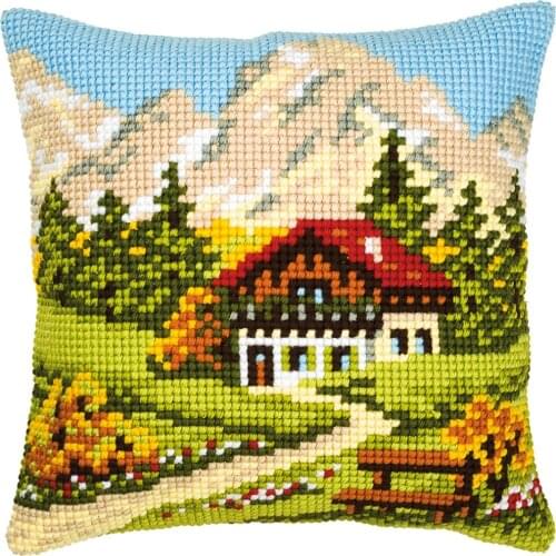 DIY Cross Stitch Cushion Mountain Landscape Needlepoint Kits Printed Canvas Chunky Yarn Cross-stitch Pillow Case Arts & Crafts