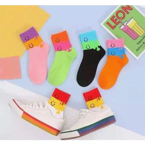 Cotton Socks 5Pairs Korean Style Cute Smile Face Cartoon Sport Casual Breathable Over Ankle Spring Autumn Womens Stockings