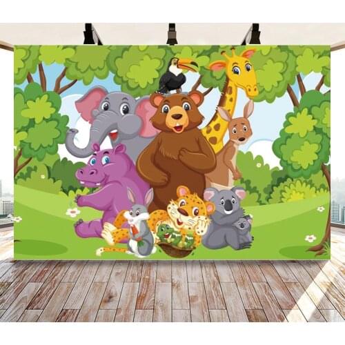 Cartoon Animal Wild Safari Jungle Theme Birthday Party Banner Background Decor Elephant Bear Cake Toy Table Room Decor Backdrop