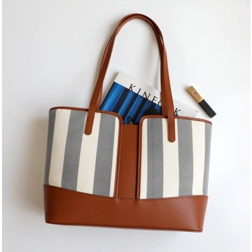 Large-capacity Tote Bag Cowhide Striped Canvas Hit Color Commuter Fashion Elegant Atmosphere Female Bag Shopping Bag Travel Bag