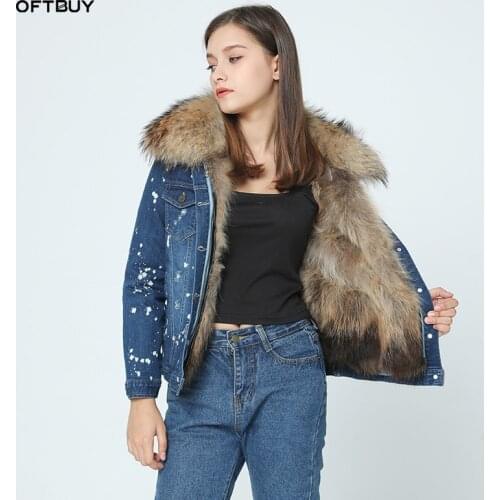 OFTBUY 2021 new Casual winter jacket women Holes denim jacket fur coat real raccoon fur collar natural raccoon fur liner parka