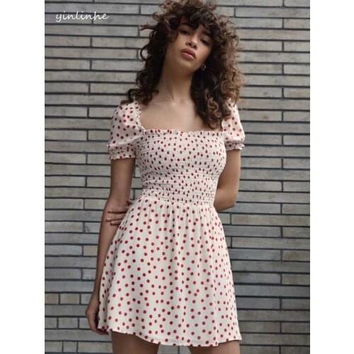Yinlinhe White Polka Dot Dummer Dress Backless Elastic Waist Slim Cute Blue Floral Dress Women sSquare collar French Style 2051