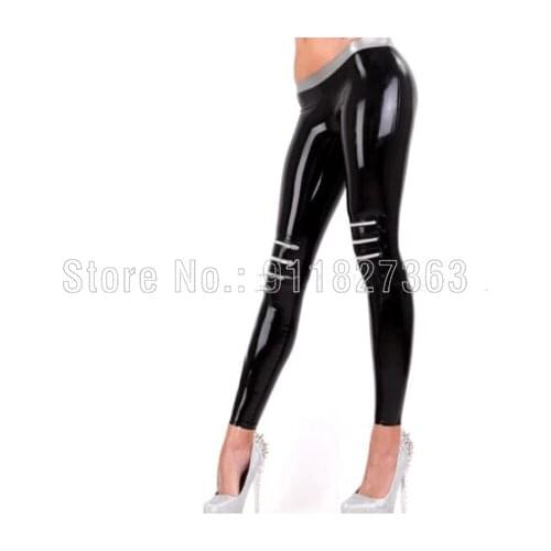 100% Natural Latex Leggings Black And Silver Sexy Latex Leggings With Zippers At Knee Rubber Pants Trousers Customized