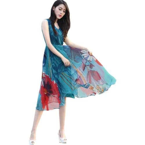 2018 Bohemian Chiffon Dress Women Tank Sleeveless V-neck Print Dresses Summer Casual A-Line Elegant Chiffon Dresses FPO0355